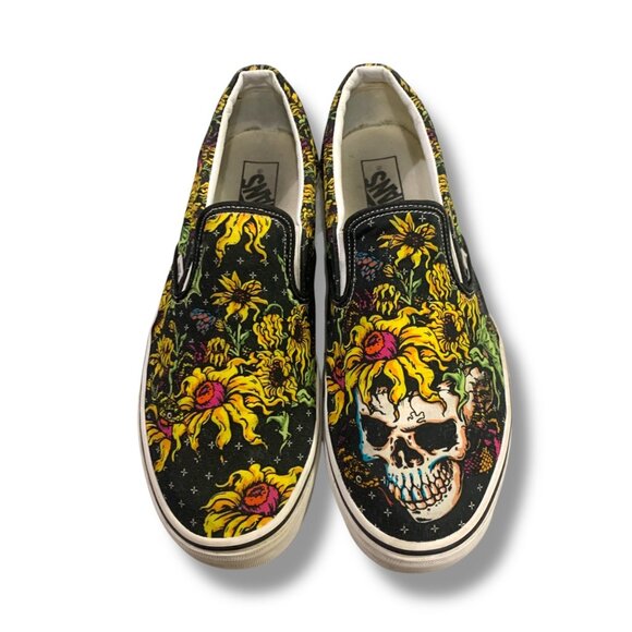 VTG Vans Mens Classic Skull Floral Tattoo Shoes Sz 11.5 Black Yellow Art Skater‎ main image 5